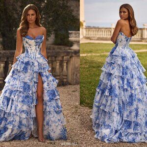 SHERRI HILL 57250 Floral Blue Print Strapless Satin Corset ball gown